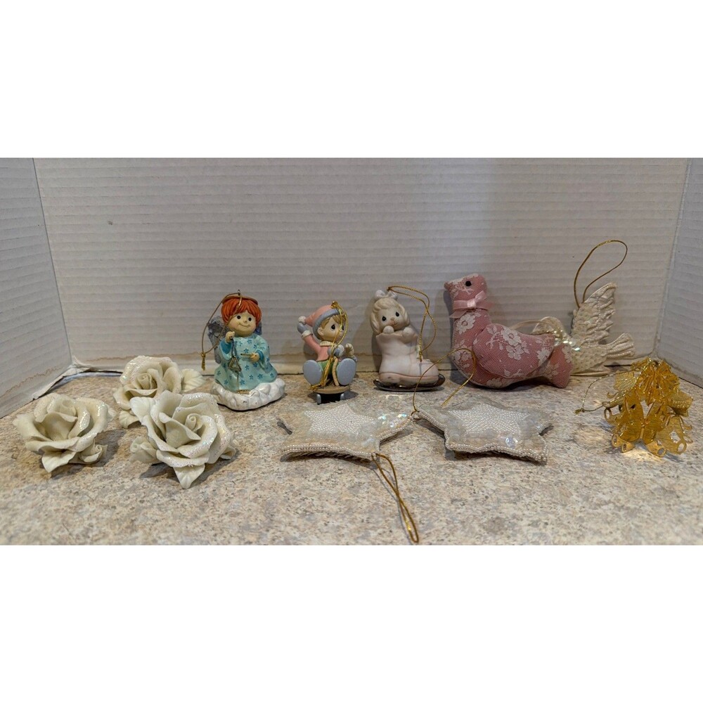 Vintage Christmas Ornament Lot Precious Moments Beaded Lace Victorian Shabby